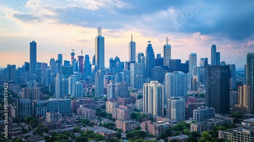 Skyscraper construction with a backdrop of city skyline, illustrating urban development projects.