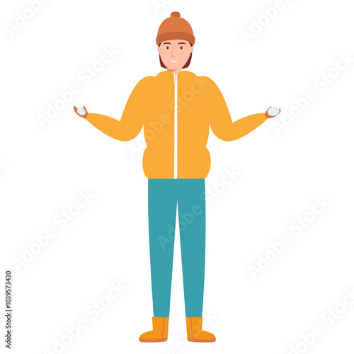 Vector illustration of a man wearing a yellow jacket, blue pants, and a winter hat, smiling and holding snowballs in both hands.