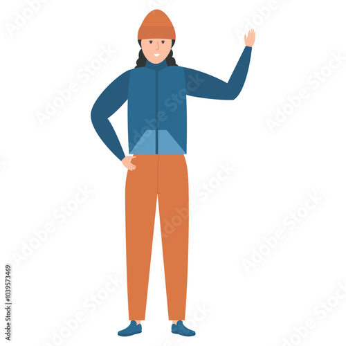 Vector illustration of a woman in a blue vest and orange pants, smiling and waving with one hand raised.