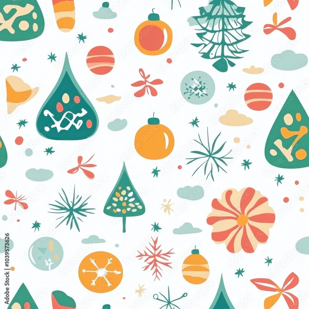 A colorful Christmas scene with trees, snowflakes, and ornaments A colorful Christmas scene with trees, snowflakes, and ornaments