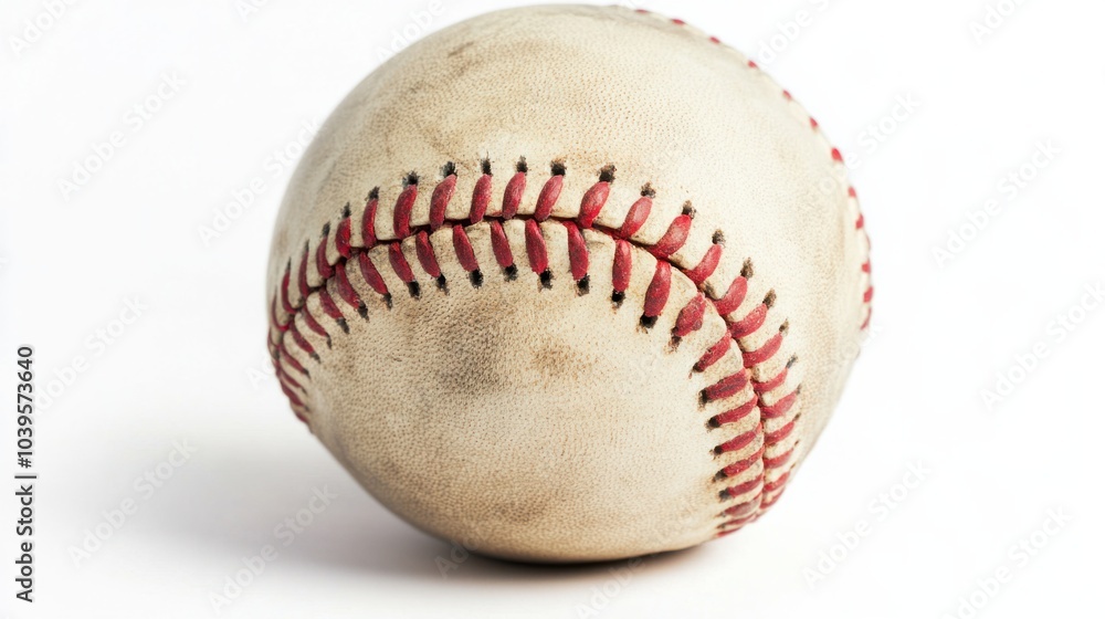 Baseball sitting at an angle, red stitches casting a slight shadow, isolated on white background Baseball sitting at an angle, red stitches casting a slight shadow, isolated on white background