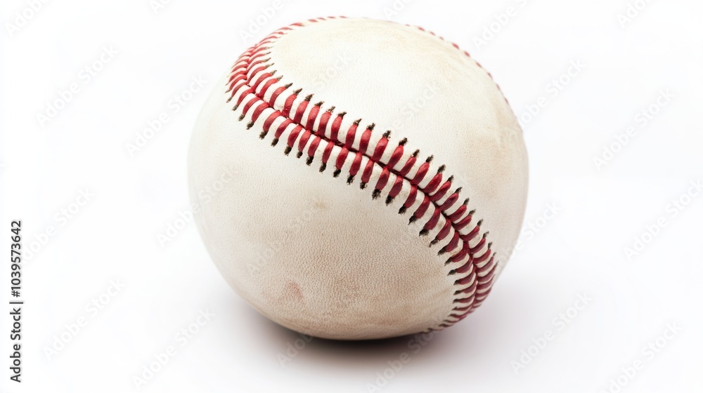 Baseball sitting at an angle, red stitches casting a slight shadow, isolated on white background Baseball sitting at an angle, red stitches casting a slight shadow, isolated on white background