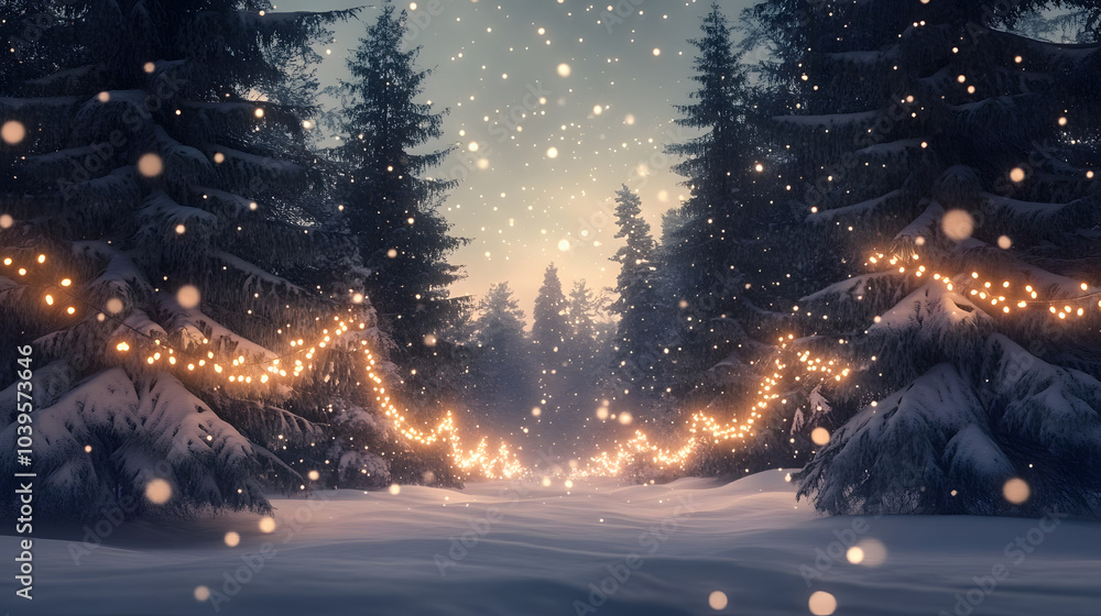 A serene snowy forest illuminated by warm lights, creating a magical winter scene with gently falling snow under a twilight sky. A serene snowy forest illuminated by warm lights, creating a magical winter scene with gently falling snow under a twilight sky.