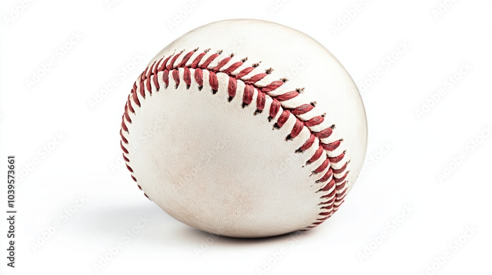 Baseball sitting at an angle, red stitches casting a slight shadow, isolated on white background Baseball sitting at an angle, red stitches casting a slight shadow, isolated on white background