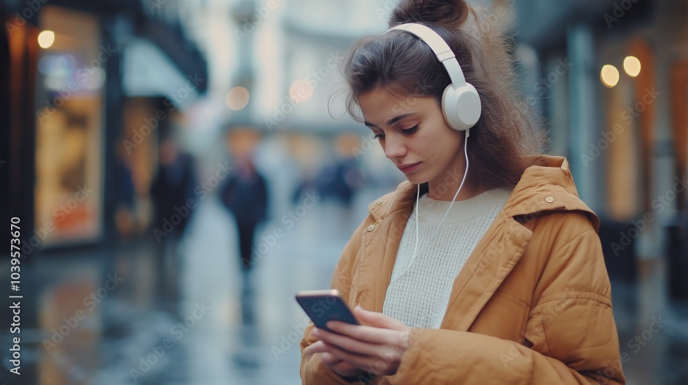 woman keep her phone and watch videos in city street, headphones woman keep her phone and watch videos in city street, headphones