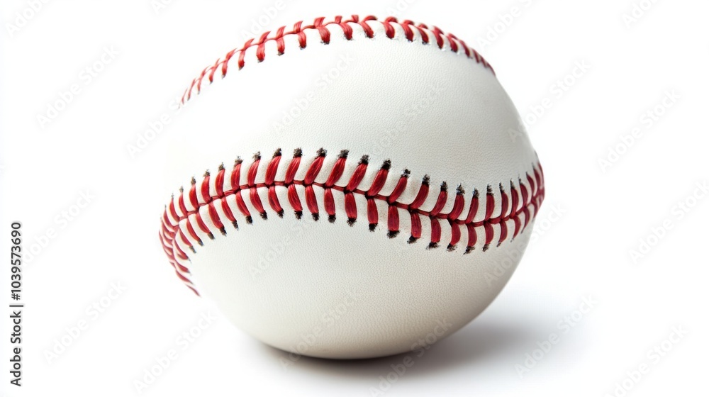 Baseball sitting at an angle, red stitches casting a slight shadow, isolated on white background Baseball sitting at an angle, red stitches casting a slight shadow, isolated on white background