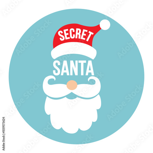 Secret Santa face card or sticker design. Vector flat illustration of Santa costume.