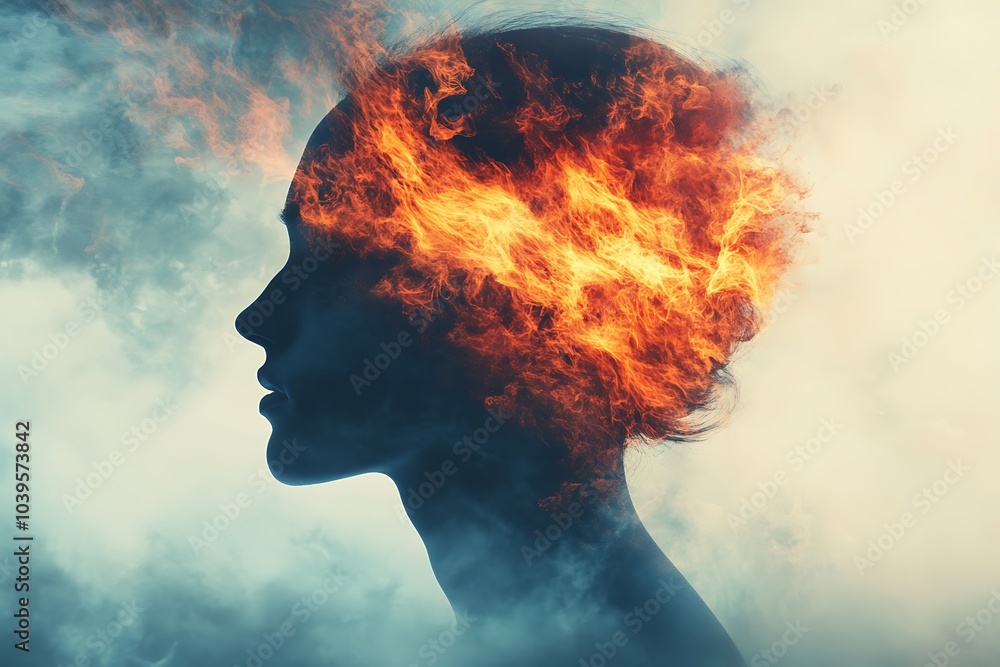 A silhouette of a woman with fire inside her head, symbolizing intense thoughts, passion, and creativity in a surreal, dreamlike atmosphere. A silhouette of a woman with fire inside her head, symbolizing intense thoughts, passion, and creativity in a surreal, dreamlike atmosphere.