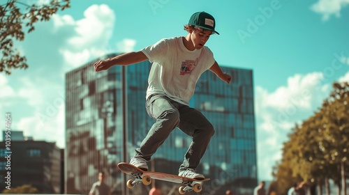 young man skateboarding in the city photo