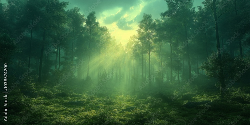 Obraz premium Deep forest trees and sunlight banner.