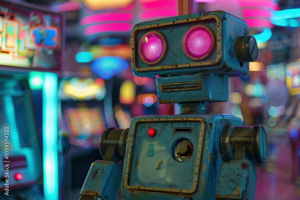 Old robot with glowing eyes standing in an arcade filled with colorful lights Old robot with glowing eyes standing in an arcade filled with colorful lights