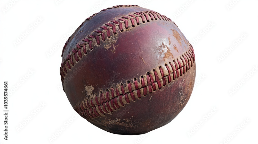 Baseball with slightly worn leather, red stitches highlighted, isolated on white background Baseball with slightly worn leather, red stitches highlighted, isolated on white background