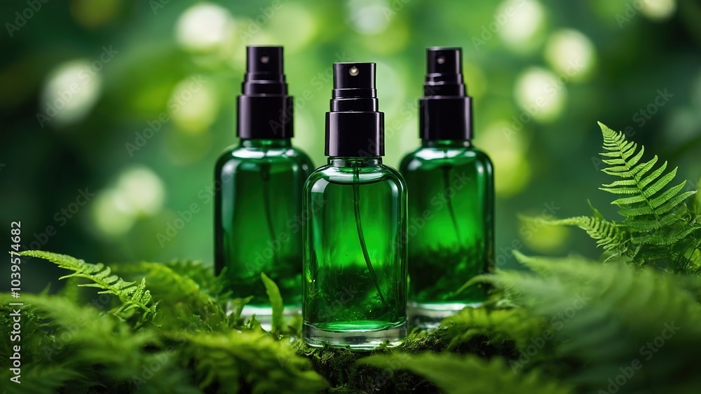 Luxurious Green Spa Cosmetics - Dark Glass Bottles on Fern & Moss Luxurious Green Spa Cosmetics - Dark Glass Bottles on Fern & Moss