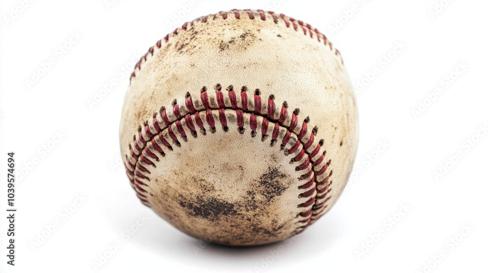 Baseball with slightly worn leather, red stitches highlighted, isolated on white background Baseball with slightly worn leather, red stitches highlighted, isolated on white background