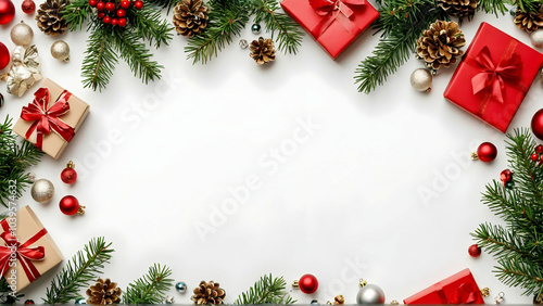 Christmas and New Year holiday background. Xmas greeting card. Christmas gifts on white background top view. Noel. Flat lay