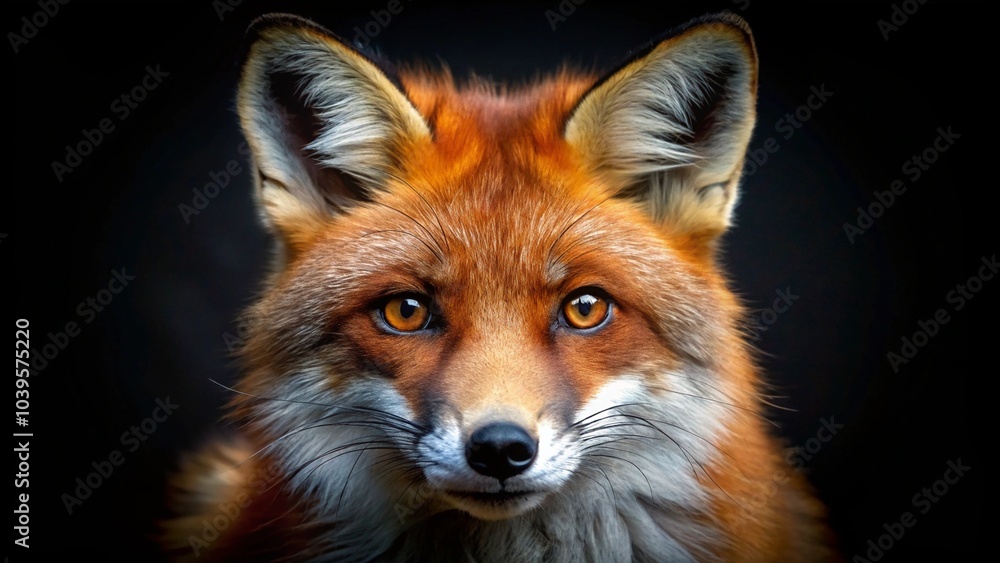 Fototapeta premium Fluffy Red Fox with Bright Eyes in Dark Background