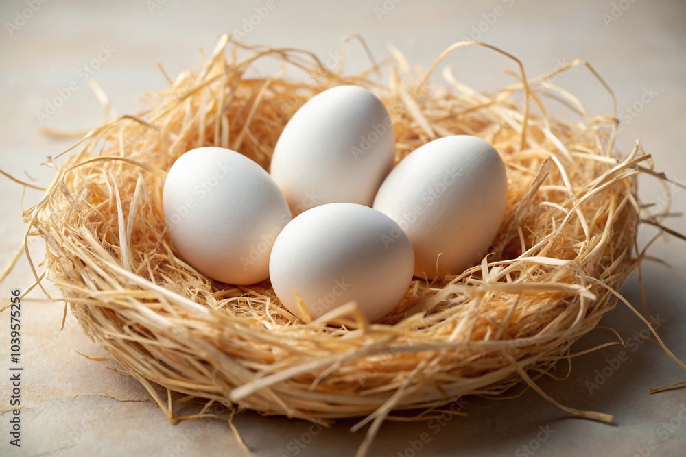 White Chicken Eggs Arranged in a Nest of Straw Grass White Chicken Eggs Arranged in a Nest of Straw Grass