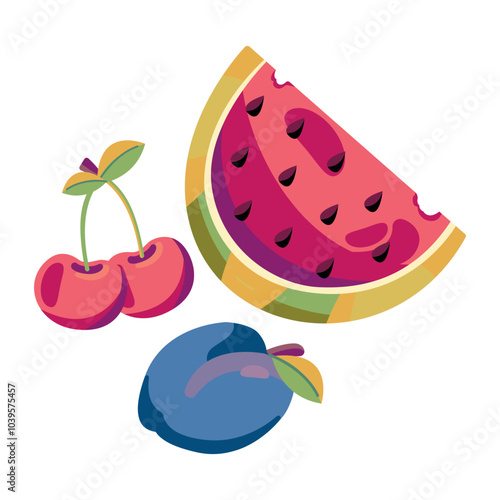 Flat vector illustration of a set of fruits, a piece of watermelon, cherry and plum. Illustration on a white isolated background.