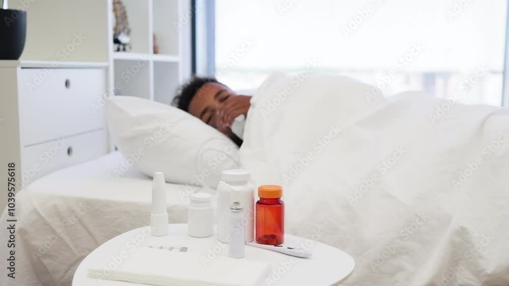 African boy with flu using nebulizer lying in bed at home. Young child resting comfortably while undergoing respiratory treatment. Medical bottles and tablets on side table next to him. African boy with flu using nebulizer lying in bed at home. Young child resting comfortably while undergoing respiratory treatment. Medical bottles and tablets on side table next to him.