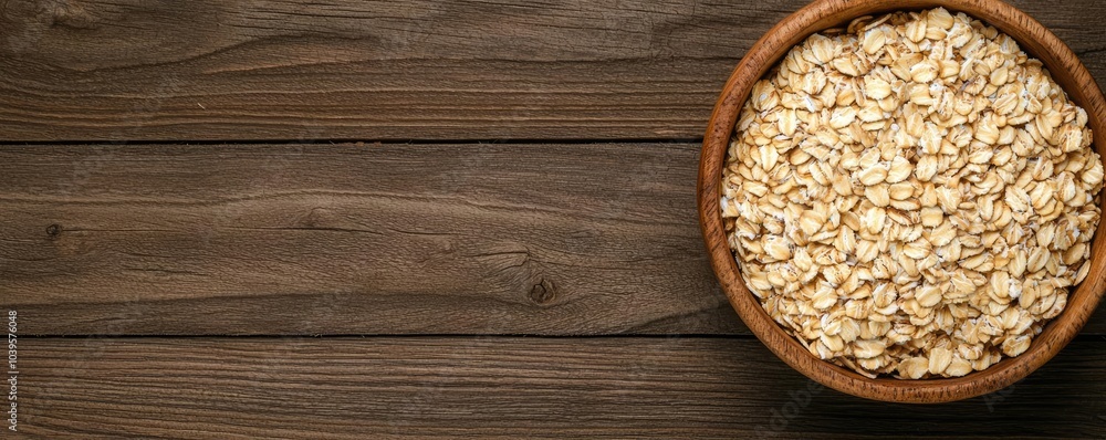 Oats in a wooden bowl on a rustic wooden table surface. Oats in a wooden bowl on a rustic wooden table surface.