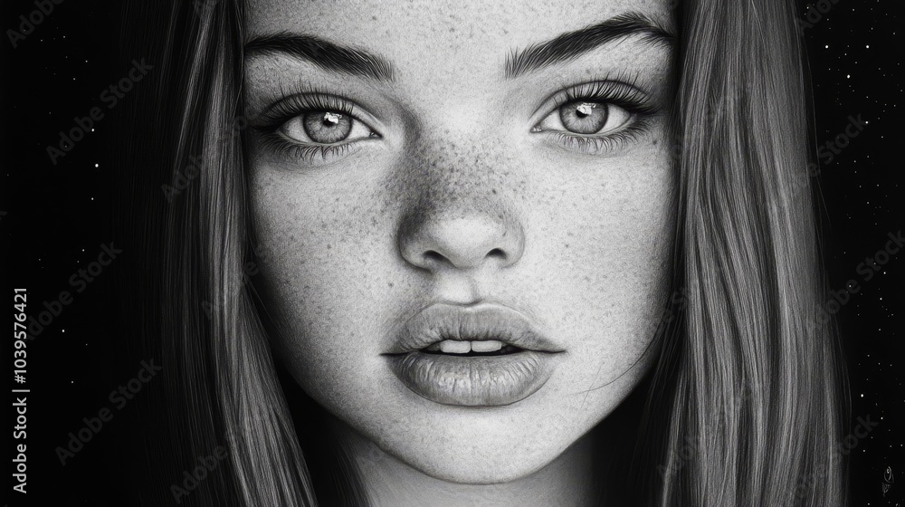 A monochrome image of a woman's face with freckled skin on her eyebrows and eyes A monochrome image of a woman's face with freckled skin on her eyebrows and eyes