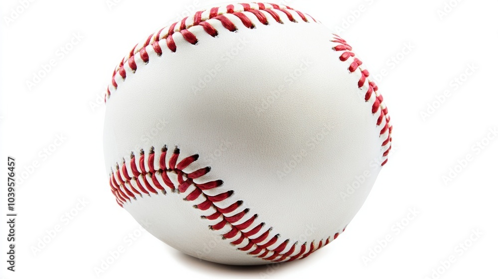 Fresh, new baseball placed in the center of the frame, bright red stitches popping, isolated on white background Fresh, new baseball placed in the center of the frame, bright red stitches popping, isolated on white background