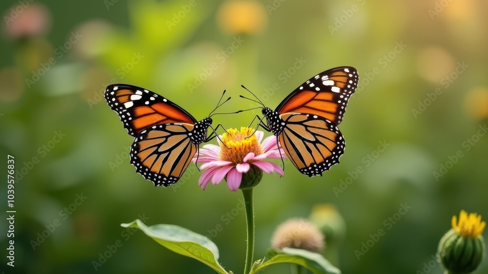 Delicate Monarch Butterflies on Vibrant Flower in Garden Delicate Monarch Butterflies on Vibrant Flower in Garden