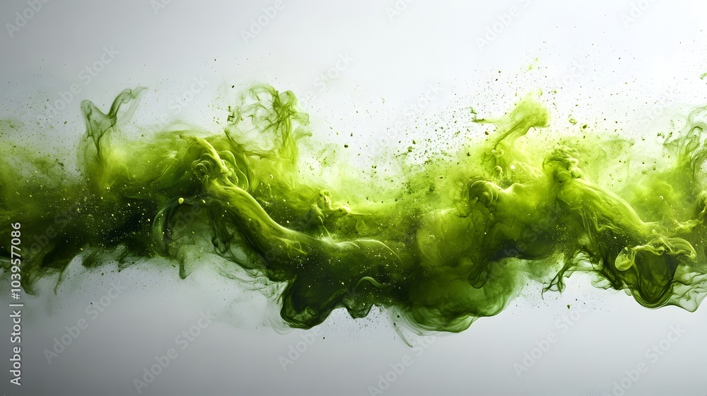 Vivid green liquid explosion creating a dynamic and abstract background. The image showcases a swirling,mesmerizing pattern of colorful fluids in motion,capturing the energy and movement of a natural.