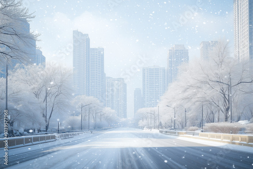 A modern city blanketed in snow, with skyscrapers dusted in white. 