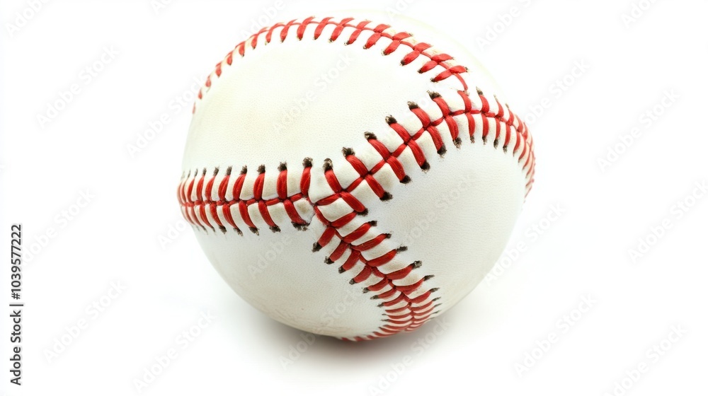 Shiny, new baseball with vibrant red stitching, perfectly round, isolated on white background Shiny, new baseball with vibrant red stitching, perfectly round, isolated on white background