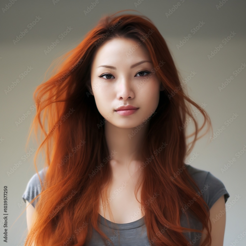 Naklejka premium Close-up portrait of a young woman with long red hair, calm expression, and natural beauty