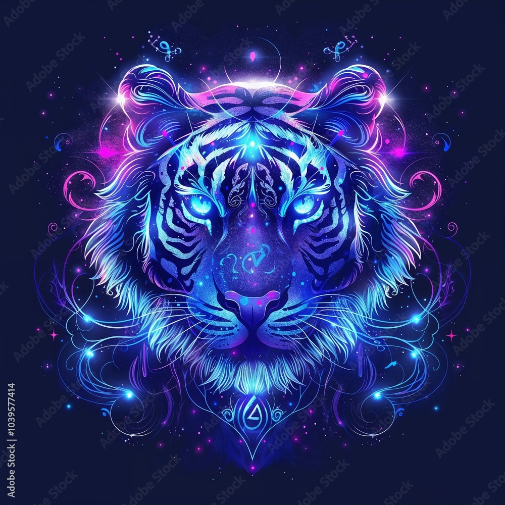 Fototapeta premium Vibrant Cosmic Tiger Illustration with Neon Colors and Magical Aura 