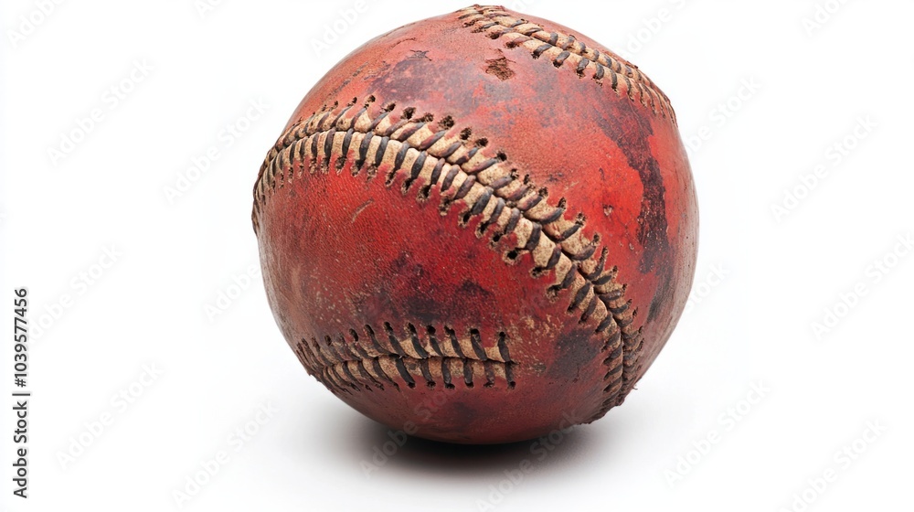 Worn baseball showing the effects of play, leather scuffed, and stitches slightly frayed, isolated on white background Worn baseball showing the effects of play, leather scuffed, and stitches slightly frayed, isolated on white background