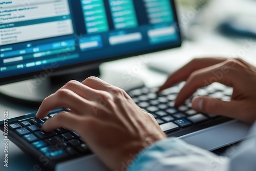 Close-up of hands typing patient data into medical billing software, photorealistic, focus on keyboard and screen photo