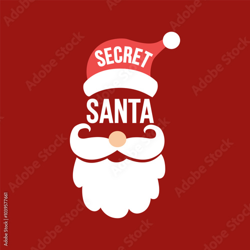 Secret Santa face card or sticker design. Vector flat illustration of Santa costume.