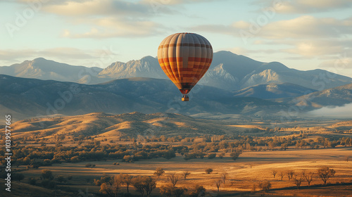 Hot Air balloons flying over Mountains landscape sunset vintage nature background.