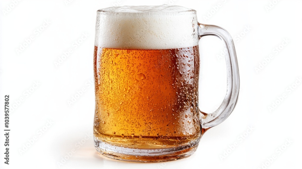 Beer mug filled with light beer, condensation visible, isolated on white background Beer mug filled with light beer, condensation visible, isolated on white background