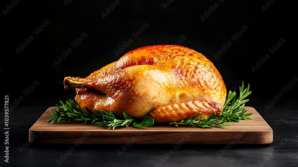 Mouth Watering Roast Turkey On Wooden Board Against Black Background Mouth Watering Roast Turkey On Wooden Board Against Black Background