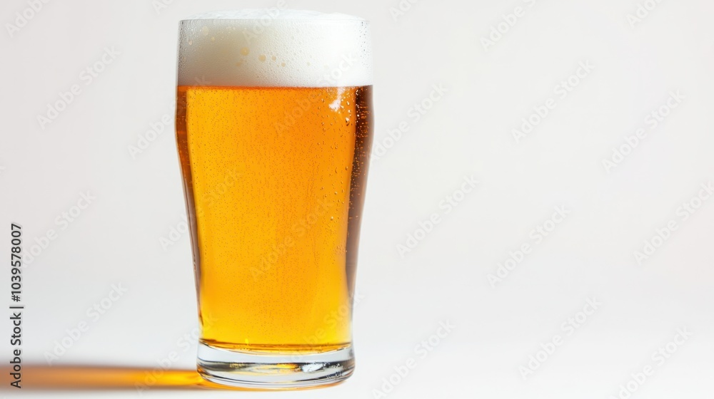 Classic pint glass of golden lager beer, light foam at the top, isolated on white background Classic pint glass of golden lager beer, light foam at the top, isolated on white background
