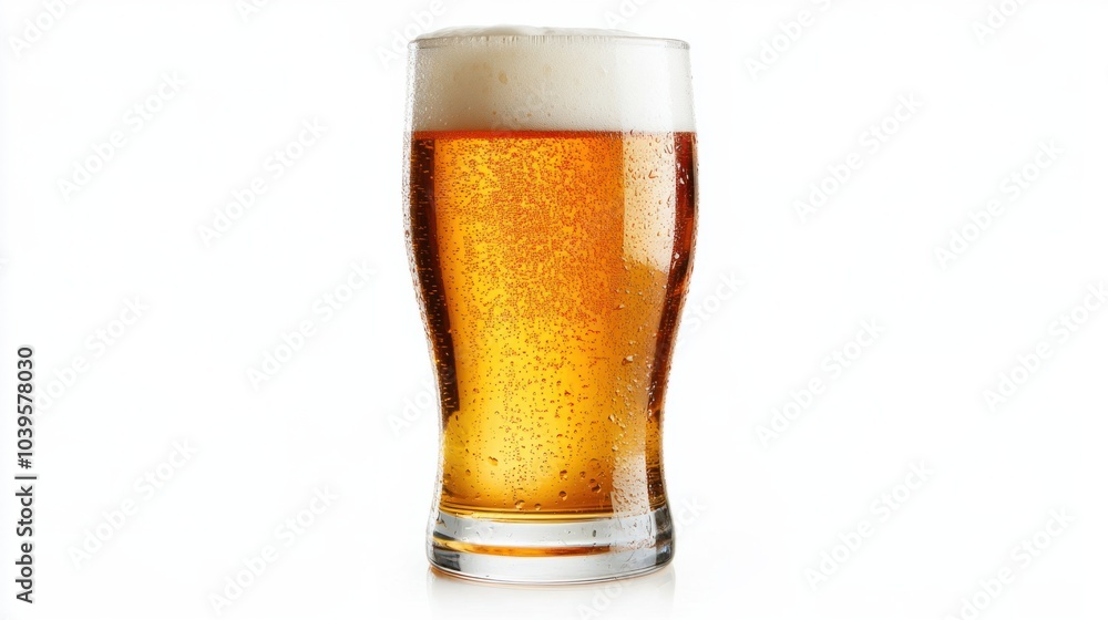 Classic pint glass of golden lager beer, light foam at the top, isolated on white background