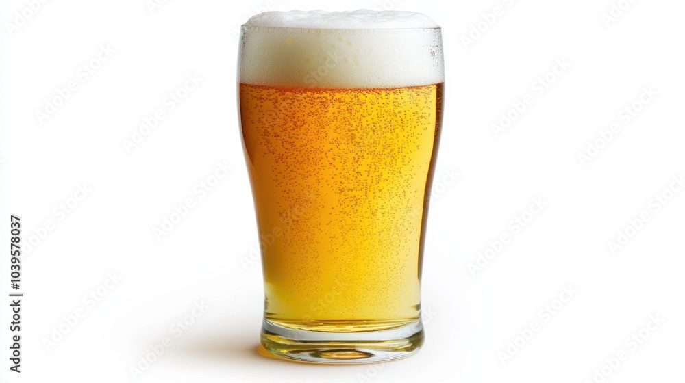 Classic pint glass of golden lager beer, light foam at the top, isolated on white background Classic pint glass of golden lager beer, light foam at the top, isolated on white background