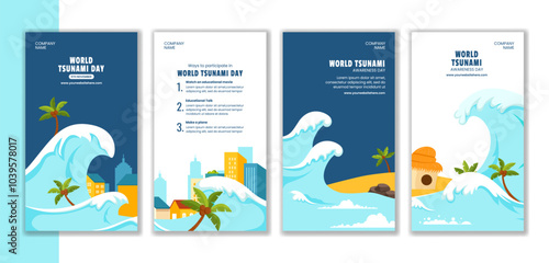 Tsunami Day Global Awareness Social Media Stories Flat Cartoon Template Illustration