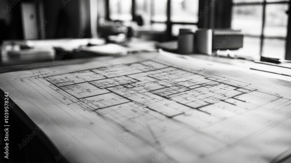 Architectural blueprint on a table with natural light. Architectural blueprint on a table with natural light.