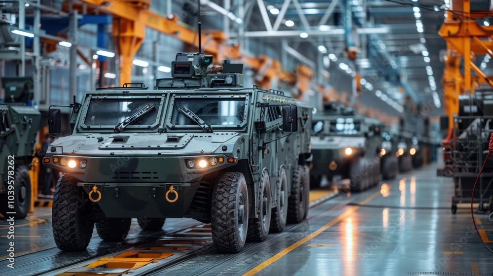 Naklejka premium Production of armored personnel carriers . Armored Combat Vehicle Production Line