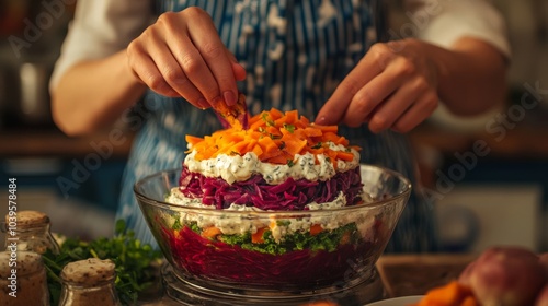 A cozy kitchen setting where a woman chef is preparing the traditional Shuba salad, also known as herring under a fur coat. Layers of colorful ingredients are being carefully arranged photo