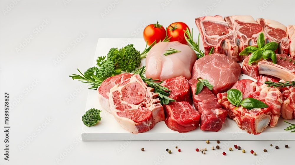 Composition of Fresh Raw Meats on White Background High Food Photography Composition of Fresh Raw Meats on White Background High Food Photography