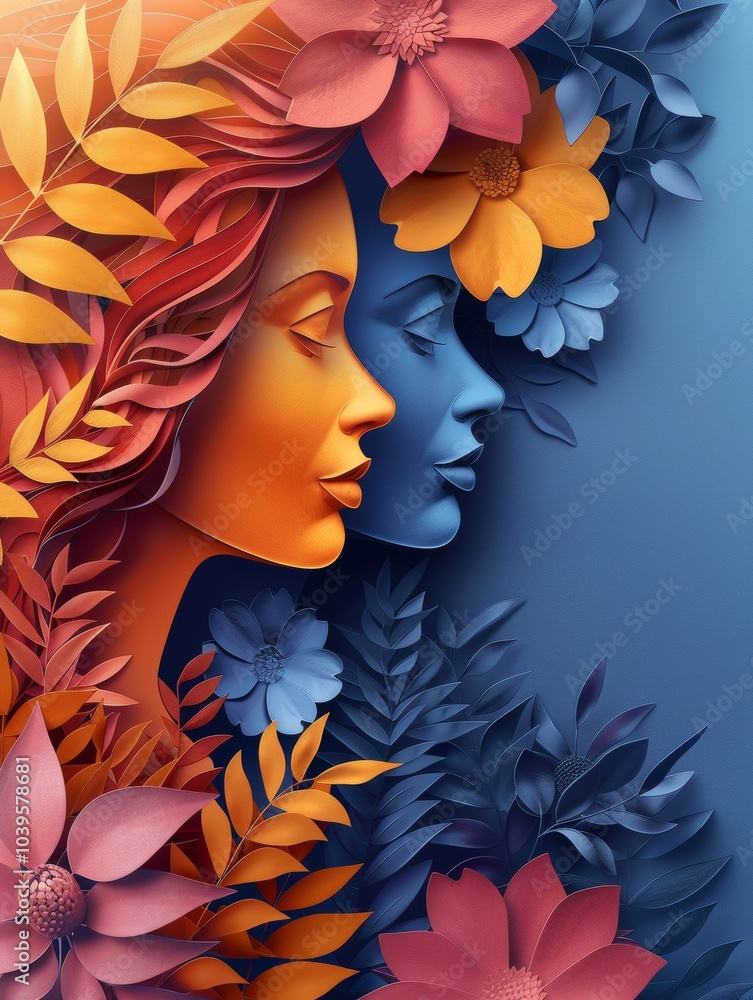 Paper art with a Shape of women profiles are intricately framed by blooming flowers in this colorful paper cut design, symbolizing artistic harmony and vibrant energy. Paper art with a Shape of women profiles are intricately framed by blooming flowers in this colorful paper cut design, symbolizing artistic harmony and vibrant energy.