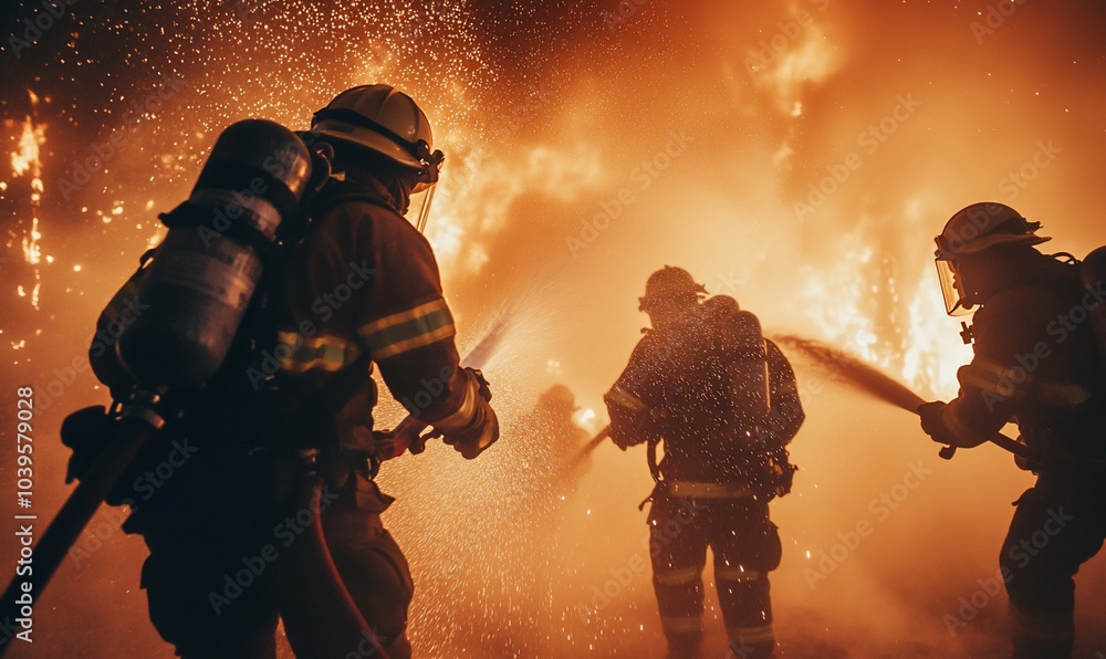 Three firefighters in full gear battling a large fire with water hoses. Three firefighters in full gear battling a large fire with water hoses.