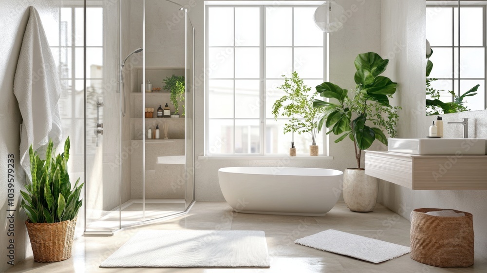 Modern Bathroom with Natural Light and Greenery Modern Bathroom with Natural Light and Greenery