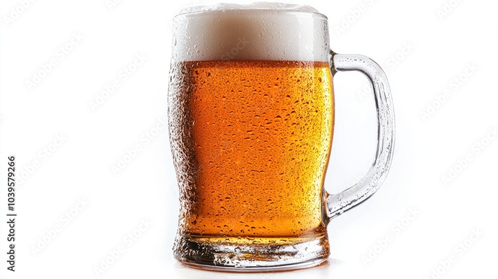 Frosty beer mug filled with light beer, showing condensation on the glass, isolated on white background Frosty beer mug filled with light beer, showing condensation on the glass, isolated on white background